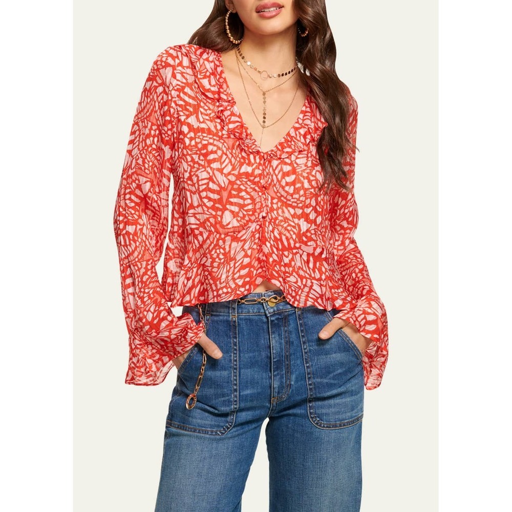 Ramy‎ Brook Red White Abstract Print Ruffle V-Neck Lurex Blouse Small